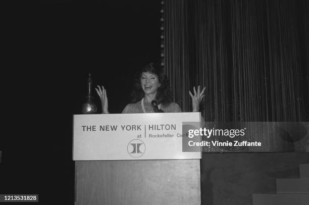 American actress Victoria Principal addresses the National Hairdresser and Cosmetologist of the Year Awards at the New York Hilton at Rockefeller...