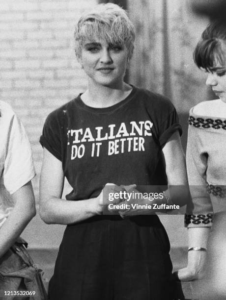 American singer and actress Madonna filming the video for her song 'Papa Don't Preach' in New York City, 1986. The video is being directed by James...