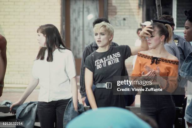 American singer and actress Madonna filming the video for her song 'Papa Don't Preach' in New York City, 1986. The video is being directed by James...