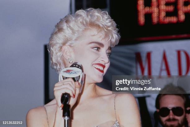 American singer and actress Madonna at the premiere of the film 'Who's That Girl?' in New York City, USA, 6th August 1987. She plays the female lead...