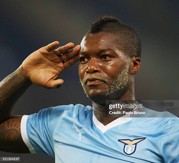 Djibril Cisse of SS Lazio celebrates after scoring the third goal during the UEFA Europa League playoff first leg match between S.S. Lazio and FK...