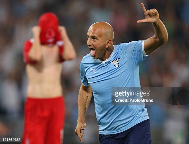 Tommaso Rocchi of SS Lazio celebrates after scoring the fifth goal during the UEFA Europa League play-off first leg match between S.S. Lazio and FK...