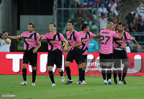 Celebrates after BARI, ITALY Mirko Vucinic of Juventus celebrates with team-mates after scoring the opening goal of the TIM pre-season tournament...