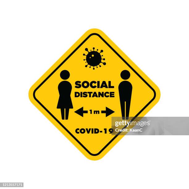 social distancing warning sign. warning in a yellow sign about coronavirus or covid-19 vector illustration - strikethrough stock illustrations