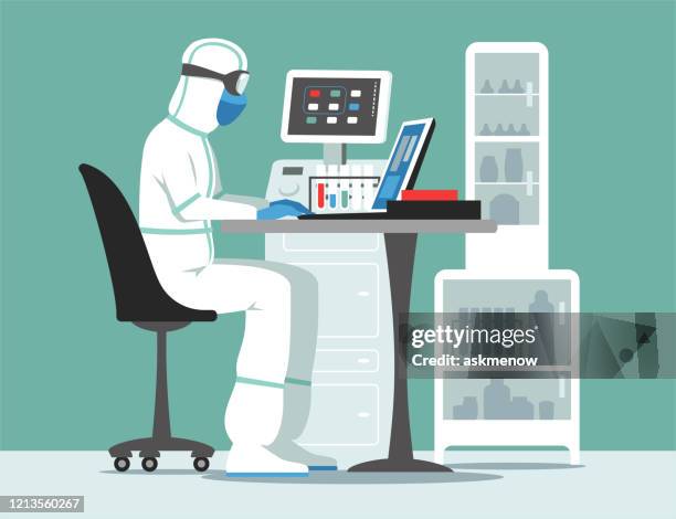 stockillustraties, clipart, cartoons en iconen met medisch laboratorium - beschermend masker werkkleding