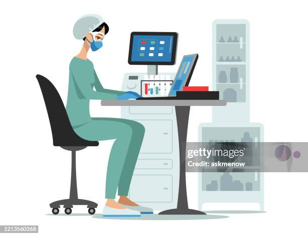 ilustraciones, imágenes clip art, dibujos animados e iconos de stock de laboratorio médico - técnicos especialistas de laboratorio