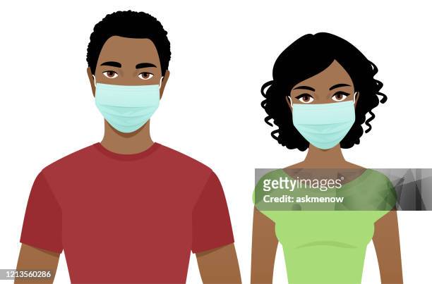 young man and woman in surgical masks - protective face mask vector stock illustrations