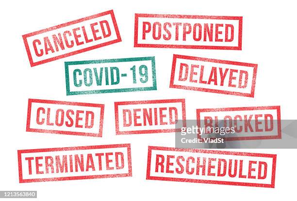 ilustrações de stock, clip art, desenhos animados e ícones de covid 19 rubber stamps canceled postponed delayed closed - acabar