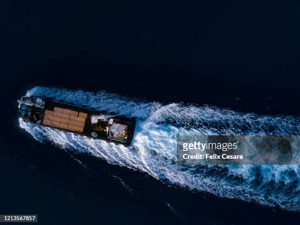 aerial view of a barge fishing boat - barge fotografías e imágenes de stock