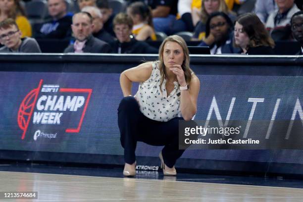 Head coach Camryn Whitaker of the Northern Kentucky Norse watches her team in the game against the Green Bay Phoenix during the Horizon League...