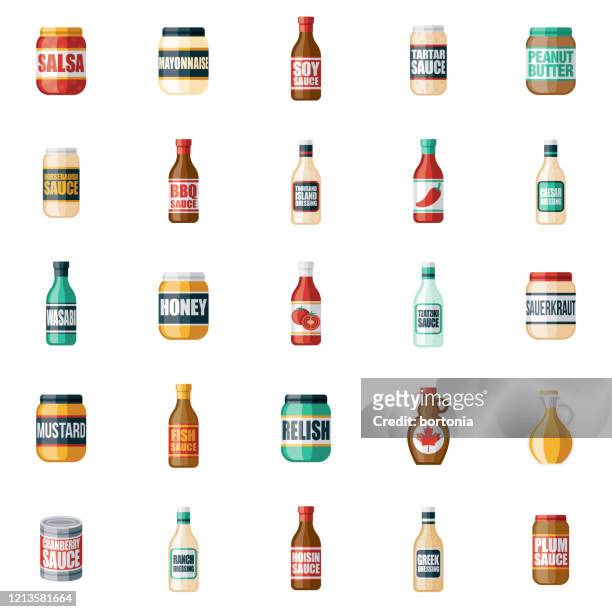 ilustraciones, imágenes clip art, dibujos animados e iconos de stock de conjunto de iconos de condimentos y salsas - picadillo