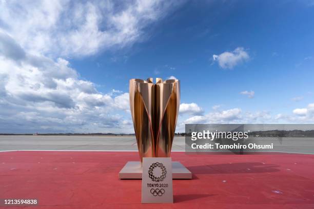 An cauldron is seen on the stage ahead of the Tokyo 2020 Olympic Games Flame Arrival Ceremony at the Japan Air Self-Defense Force Matsushima Air Base...