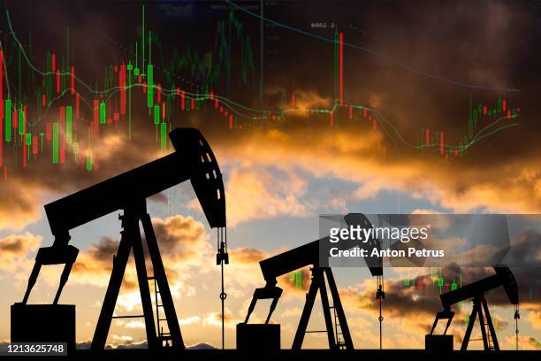 oil pump with candle stick graph chart in the background. world oil industry - twilight market stock pictures, royalty-free photos & images