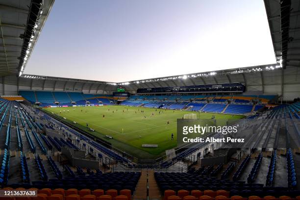 General view is seen of empty seats during the round 27 A-League match between the Brisbane Roar and the Newcastle Jets at Cbus Super Stadium on...
