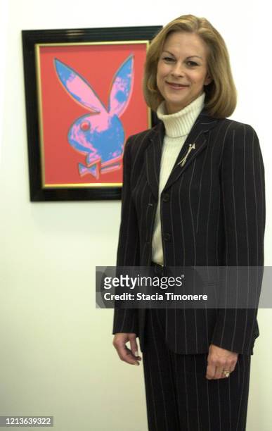 American businesswoman Christie Hefner in her office at Playboy headquarters in Chicago, Illinois USA on November 26, 2003. Behind her is a Playboy...