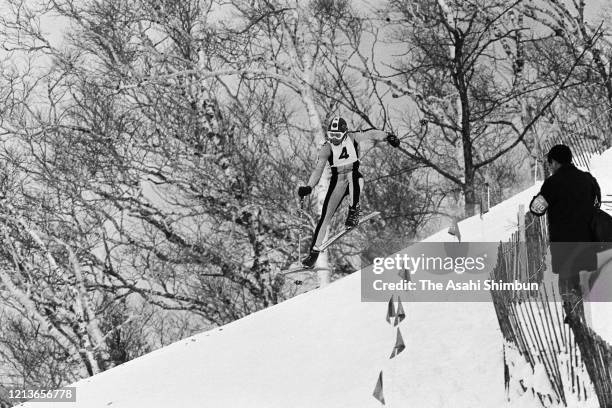 Bernhard Russi of Switzerland competes in the Alpine Skiing Men's Downhill during the Sapporo Winter Olympic Games at the Mt. Eniwadake Alpine Course...