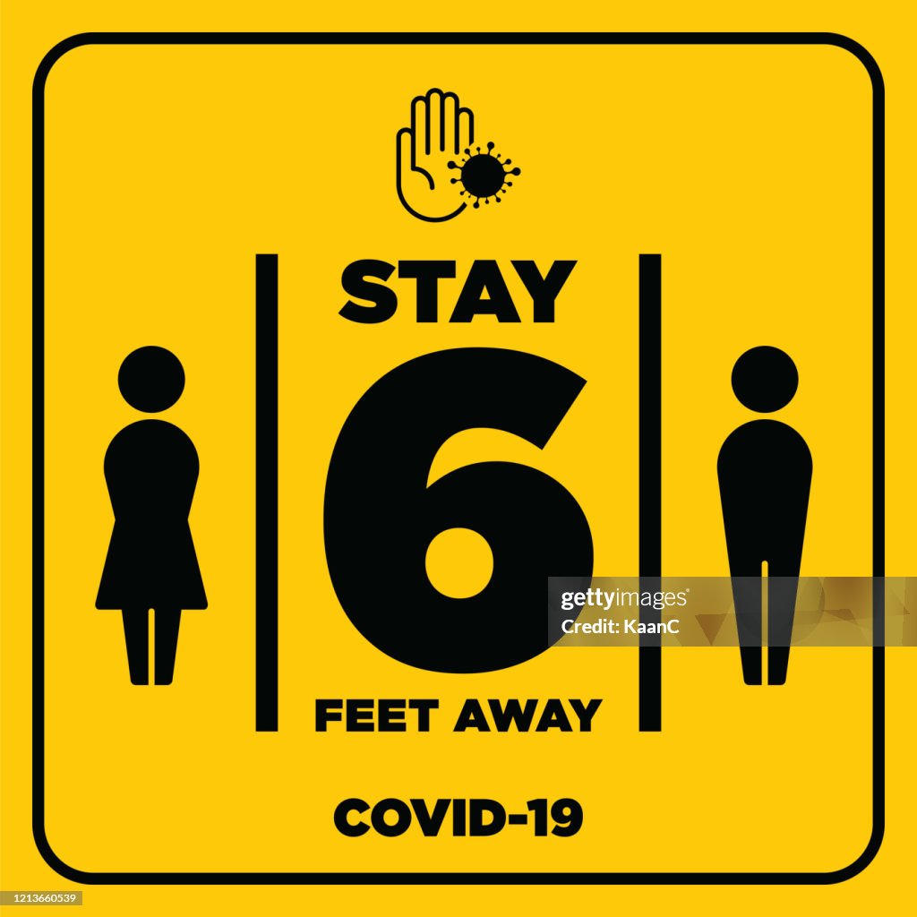 Signe d’avertissement social de distanciation. Avertissement dans un signe jaune au sujet du coronavirus ou de l’illustration vectorielle covid-19