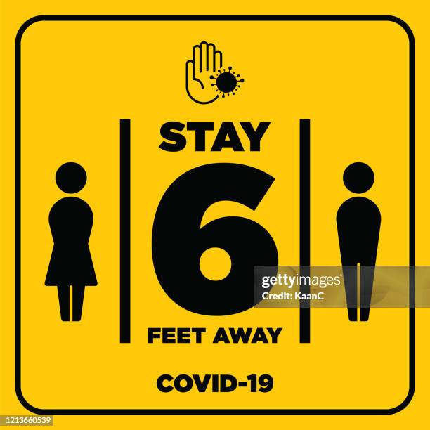 stockillustraties, clipart, cartoons en iconen met sociaal distantiëren waarschuwingsbord. waarschuwing in een geel teken over coronavirus of covid-19 vectorillustratie - crossed out