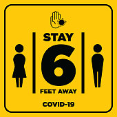 Social Distancing warning sign. Warning in a yellow sign about coronavirus or covid-19 vector illustration