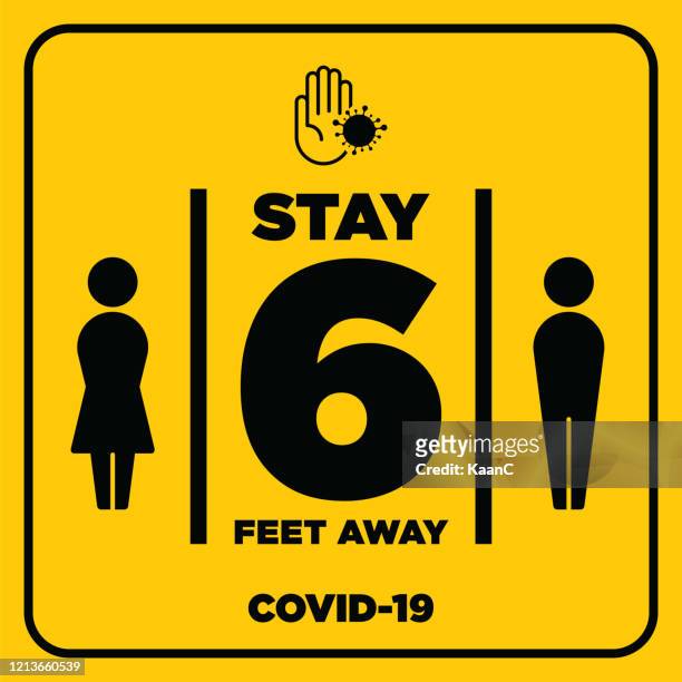 social distancing warning sign. warning in a yellow sign about coronavirus or covid-19 vector illustration - social distancing stock illustrations