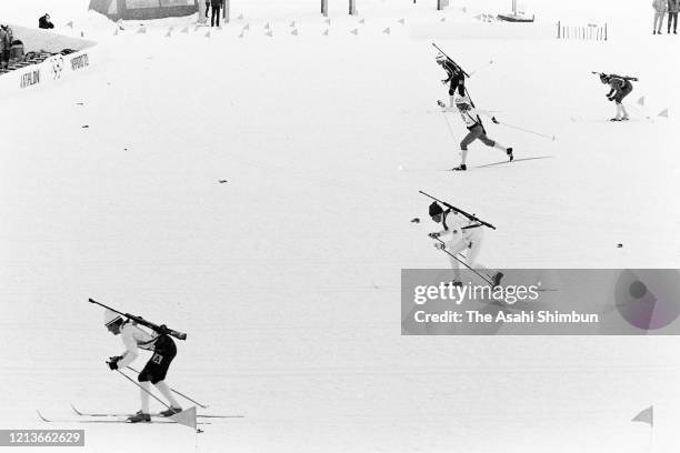 Aleksandr Tikhonov of the Soviet Union takes a lead in the Biathlon Relay during the Sapporo Winter Olympic Games at the Makomanai Cross-Country...