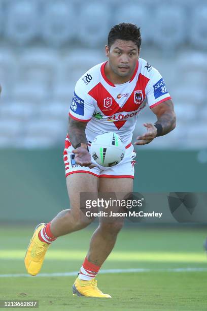 Issac Luke of the Dragons passes during the round 2 NRL match between the St George Illawarra Dragons and the Penrith Panthers at Netstrata Jubilee...