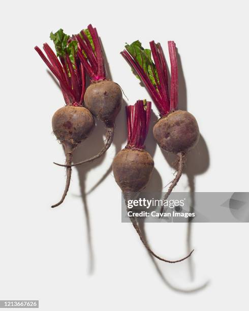 four red beets on white - beetroot juice stock-fotos und bilder