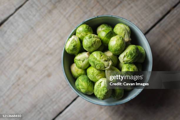 overhead view of bowl of brussels sprouts on wooden background. - rosenkohl stock-fotos und bilder