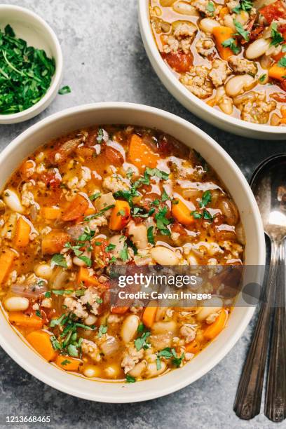 italian sausage and white bean soup flatlay - stew stock pictures, royalty-free photos & images