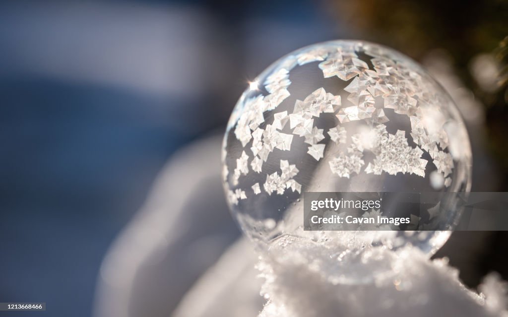 Close up image of soap bubble freezing in the snow on a winter's day.