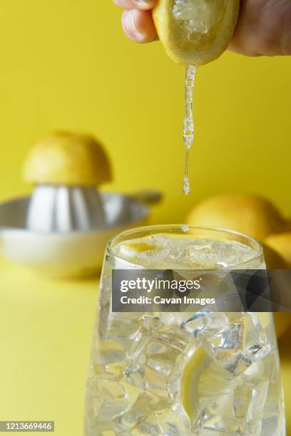 squeezing lemon in a glass to make lemonade - zitronen feld stock-fotos und bilder