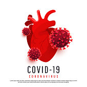 The effect of coronavirus on the human heart. 3d covid 19 cells infect a human heart isolated on a white background. Vector illustration.