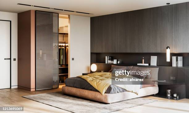 rendering 3d interno della grande camera da letto - bedroom modern foto e immagini stock