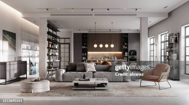 rendering 3d del soggiorno lussuoso e moderno - loft foto e immagini stock