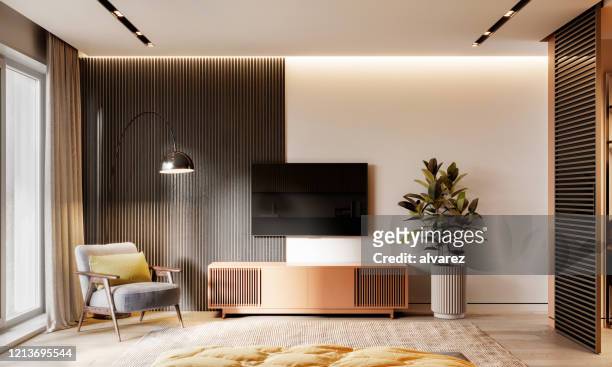 3d-rendering eines luxuriösen schlafzimmer-interieurs - domestic room stock-fotos und bilder