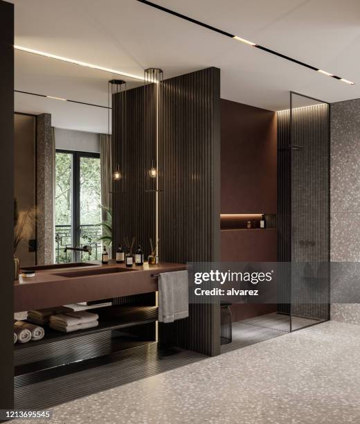 luxurious bathroom interior - large mirror stock pictures, royalty-free photos & images