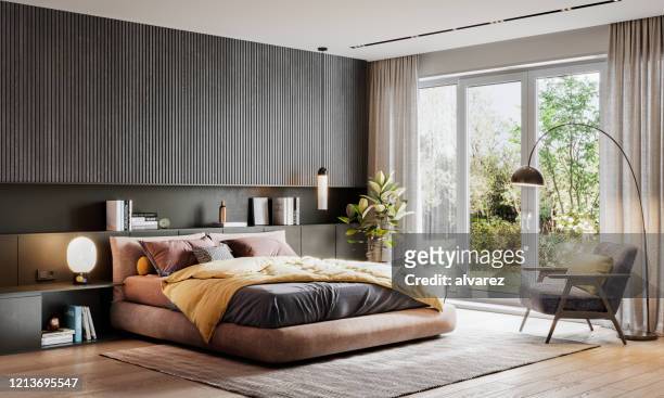 renderização 3d de um quarto elegante - bed furniture - fotografias e filmes do acervo
