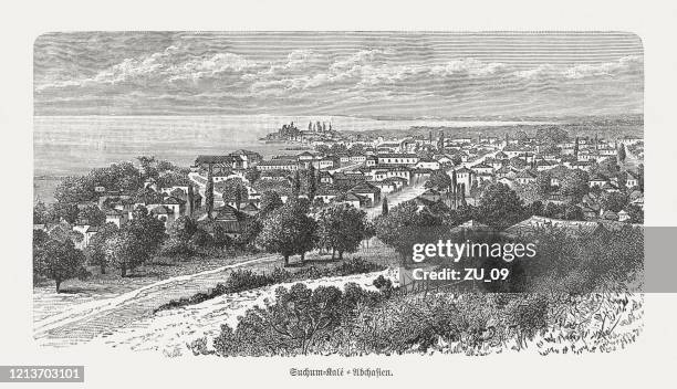 sukhumi, capital of the republic of abkhazia, woodcut, published 1893 - abkhazia stock illustrations