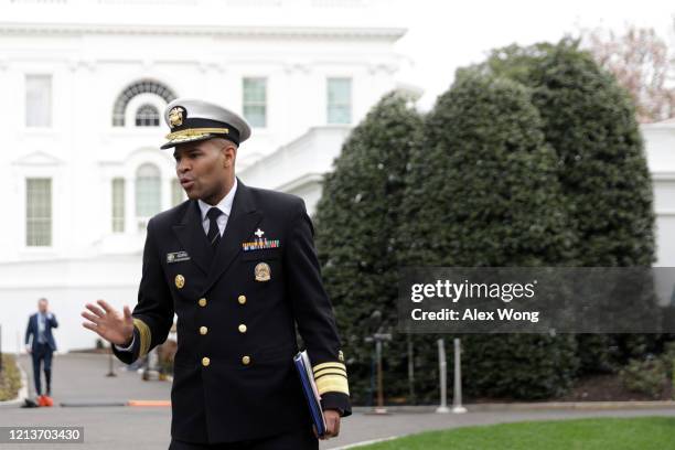 Surgeon General Jerome Adams speaks to members of the press on the White House ground March 20, 2020 in Washington, DC. The U.S. Senate is working on...