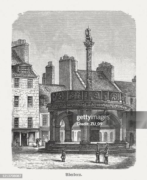 the mercat cross in aberdeen, scotland, wood engraving, published 1893 - aberdeen scotland city centre stock illustrations