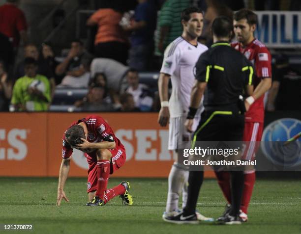 Logan Pause of the Chicago Fire reacts after the Fire suffer their 15th tie of the season against D.C. United during an MLS match at Toyota Park on...