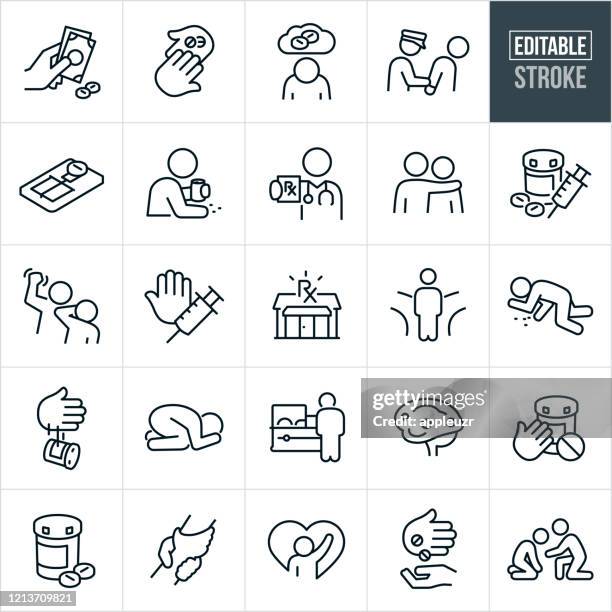 opioid addiction and recovery thin line icons - editable stroke - drug addiction icons stock illustrations