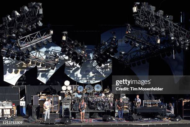 Phil Lesh, Mickey Hart, Bill Kreutzmann, Bob Weir, Jerry Garcia, Bruce Hornsby, and Vince Welnick of the Grateful Dead perform at Shoreline...