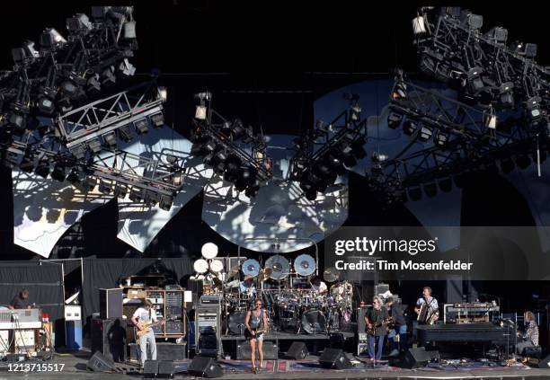 Phil Lesh, Mickey Hart, Bill Kreutzmann, Bob Weir, Jerry Garcia, Bruce Hornsby, and Vince Welnick of the Grateful Dead perform at Shoreline...