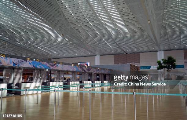 An empty check-in counter at Incheon International Airport amid the coronavirus outbreak on March 20, 2020 in Incheon, South Korea.