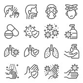 Flu disease prevention icon set vector illustration. Contains such icon as clean, cold symptoms, mask, hand washing, sore throat and more. Expanded Stroke