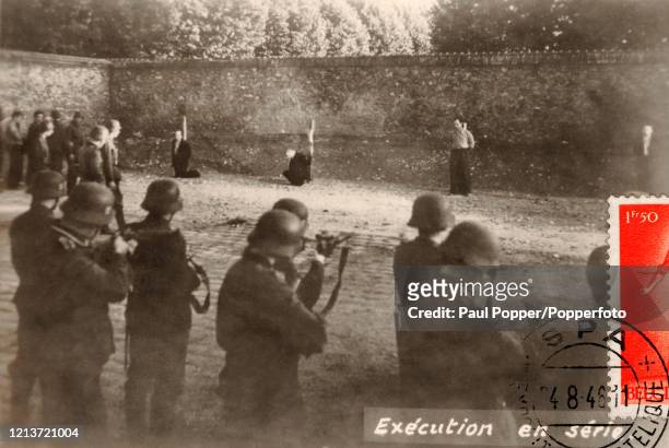 Vintage postcard featuring executions by German firing squad in Belgium during World War Two, circa 1940.