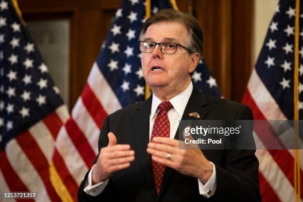 Texas Lt. Gov. Dan Patrick speaks after Texas Governor Greg Abbott announced the reopening of more Texas businesses during the COVID-19 pandemic at a...