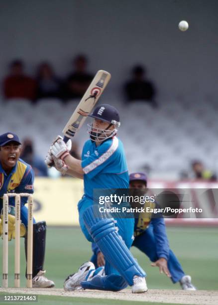 England batsman Nick Knight mistimes a shot during his innings of 94 in the Emirates Triangular Series ODI final between England and Sri Lanka at...
