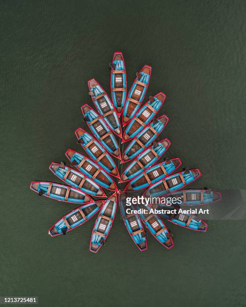 aerial image above leisure boats moored in a lake, paris, france - moored stock pictures, royalty-free photos & images